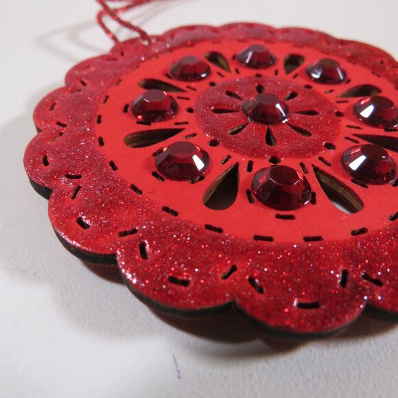 Red Circle Medallion Laser Cut Wooden Ornament with Rhinestones Hangs - Picture 5 of 7